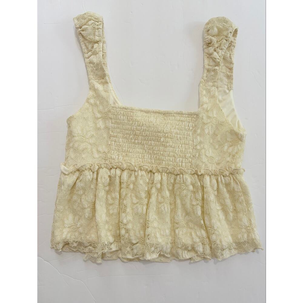 Kirious Cream Lace Crop Tank Top Coquette Cottagecore Ruffle Peplum M - Picture 2 of 6